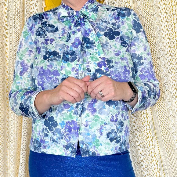 Vintage Blue Purple Green Floral Secretary Necktie Blouse Size L - Picture 1 of 13